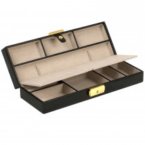 WOLF Heritage Long, Sleek Jewelry Box in Black Faux Leather with Key Lock Closure