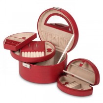 WOLF Heritage Women's Round Red Faux Leather Jewelry Box w/ Mirror Travel Organizer