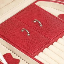 WOLF Heritage Women's Round Red Faux Leather Jewelry Box w/ Mirror Travel Organizer