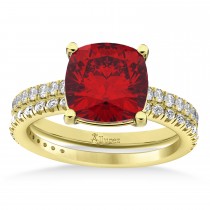 Ruby & Diamond Cushion-Set Semi-Eternity Bridal Set 14K Yellow Gold (3.22ct)