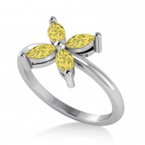 Yellow Diamond Flower Marquise Ring 14k White Gold (0.60 ctw)