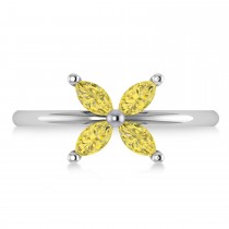 Yellow Diamond Flower Marquise Ring 14k White Gold (0.60 ctw)