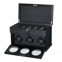 High Gloss Carbon Fiber Triple Watch Winder & Black Leather Interior