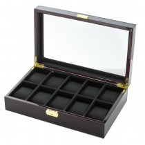 10 Watch Box Case in Ebony Wood w/ Locking Lucite Display Top