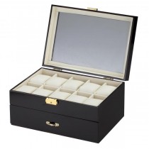 10 Watch Box w/ Pen & Cufflink Storage in Black Wood