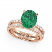 Oval Cut Emerald with Hidden Halo  Bridal Ring Set 14K Rose Gold (4.24ct)