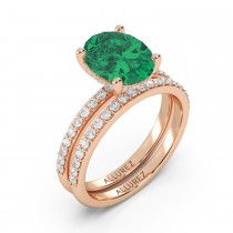 Oval Cut Emerald with Hidden Halo  Bridal Ring Set 14K Rose Gold (4.24ct)