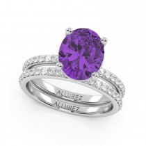 Oval Cut Amethyst with Hidden Halo  Bridal Ring Set 14K White Gold (3.69ct)