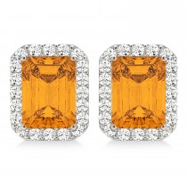Emerald Cut Citrine & Diamond Halo Earrings 14k White Gold (2.30ct)