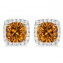 Cushion Cut Citrine & Diamond Halo Earrings 14k White Gold (1.50ct)