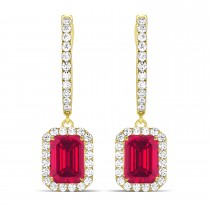 Emerald Shape Ruby & Diamond Halo Dangling Earrings 14k Yellow Gold (1.90ct)