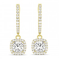 Cushion Shape Diamond Halo Dangling Earrings 14k Yellow Gold (2.18ct)
