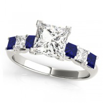 Sidestone Princess Blue Sapphire & Diamond Engagement Ring 14k White Gold (2.10ct)