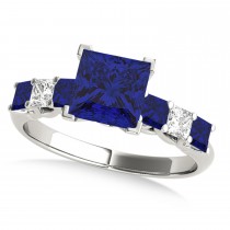 Sidestone Princess Blue Sapphire & Diamond Engagement Ring 18k White Gold (1.60ct)