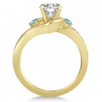Blue Topaz & Diamond Swirl Engagement Ring & Band Bridal Set 14k Yellow Gold 0.58ct