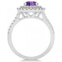 Double Halo Amethyst Ring & Band Bridal Set 14k White Gold 1.59ct