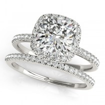 Cushion Moissanite & Diamond Halo Bridal Set French Pave 14k White Gold 2.14ct