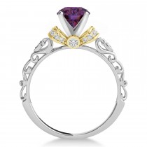 Lab Alexandrite & Diamond Antique Style Bridal Set 18k Two-Tone Gold (0.87ct)