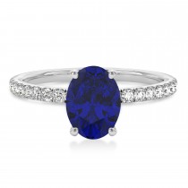 Oval Blue Sapphire & Diamond Single Row Hidden Halo Engagement Ring 18k White Gold (0.68ct)
