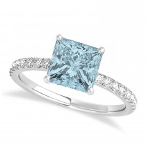 Princess Aquamarine & Diamond Single Row Hidden Halo Engagement Ring 18k White Gold (0.81ct)