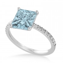 Princess Aquamarine & Diamond Single Row Hidden Halo Engagement Ring 18k White Gold (0.81ct)