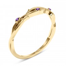 Round Amethyst Vine Leaf Engagement Ring Bridal Set 18K Yellow Gold (0.05ct)