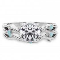Round Aquamarine Vine Leaf Engagement Ring Bridal Set 14K White Gold (0.05ct)