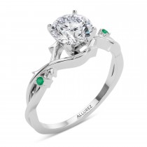 Round Emerald Vine Leaf Engagement Ring Bridal Set 14K White Gold (0.05ct)