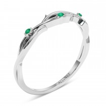 Round Emerald Vine Leaf Engagement Ring Bridal Set 14K White Gold (0.05ct)