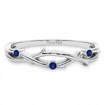 Round Blue Sapphire Vine Leaf Ring Wedding Band in Platinum (0.03ct)