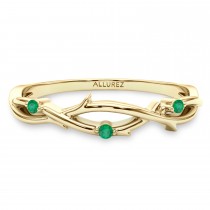 Round Emerald Vine Leaf Ring Wedding Band 18K Yellow Gold (0.03ct)