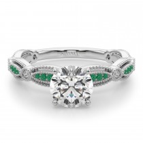 Antique Style Emerald & Diamond Engagement Ring 18K White Gold (0.20ct)