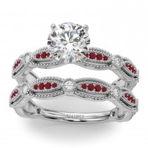 Antique Style Ruby & Diamond Bridal Ring Set in Platinum (0.40ct)