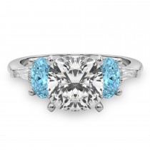 Cushion Cut Lab Grown Diamond & Oval Blue Topaz Engagement Ring in Palladium (4.18ct)