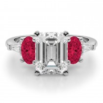 Emerald Cut Lab Grown Diamond & Oval Ruby Engagement Ring 14K White Gold (4.24ct)