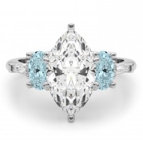Marquise Lab Grown Diamond & Oval Aquamarine Engagement Ring 18K White Gold (3.98ct)