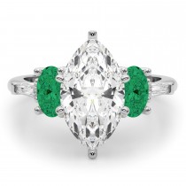 Marquise Lab Grown Diamond & Oval Emerald Engagement Ring 18K White Gold (3.98ct)