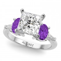 Princess Cut Lab Grown Diamond & Oval Amethyst Engagement Ring in Palladium (3.98ct)