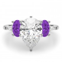 Pear Lab Grown Diamond & Oval Amethyst Engagement Ring 18K White Gold (3.98ct)