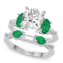 Cushion Lab Grown Diamond & Oval Emerald Bridal Set in Palladium (4.65ct)