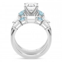 Emerald Cut Lab Grown Diamond & Oval Aquamarine Bridal Set 18K White Gold (4.65ct)
