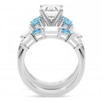 Emerald Cut Lab Grown Diamond & Oval Blue Topaz Bridal Set 14K White Gold (4.97ct)