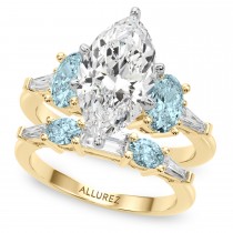Marquise Lab Grown Diamond & Oval Aquamarine Bridal Set 18K Yellow Gold (4.65ct)