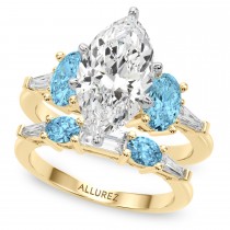 Marquise Lab Grown Diamond & Oval Blue Topaz Bridal Set 18K Yellow Gold (4.97ct)
