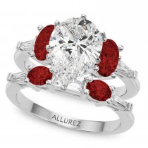 Pear Lab Grown Diamond & Oval Garnet Bridal Set 18K White Gold (4.97ct)