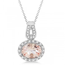 Oval Morganite Pendant Necklace Diamond Halo 14k White Gold (1.41ct)