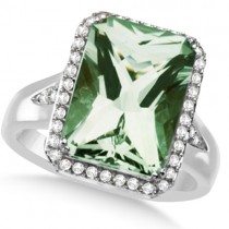 Halo Style Diamond and Green Quartz Ring 14k White Gold (7.29ct)