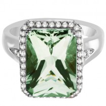 Halo Style Diamond and Green Quartz Ring 14k White Gold (7.29ct)