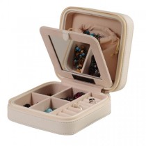 Faux Leather Jewelry Box in Ivory w/ Interior Mirror, Travel Pouch, Storage