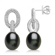 Freshwater Cultured Black Pearl & Diamond Earrings 14K W. Gold (10-11mm)